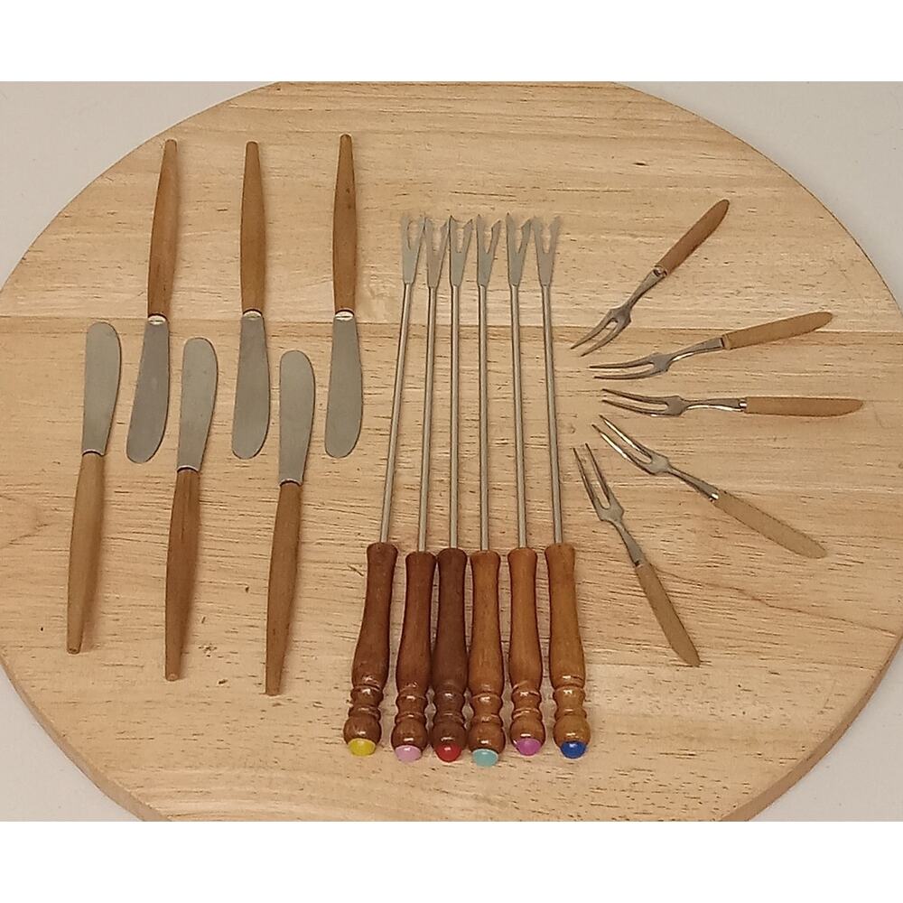 Vintage Fondue, Hor d'oeuvre Forks And Spreaders Wooden Handles Zapan